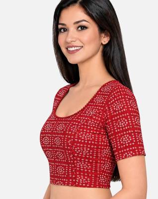 Red cotton spandex bandhani printed stretchable readymade saree blouse 3