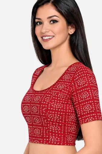Red cotton spandex bandhani printed stretchable readymade saree blouse