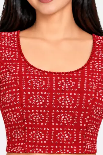 Red cotton spandex bandhani printed stretchable readymade saree blouse