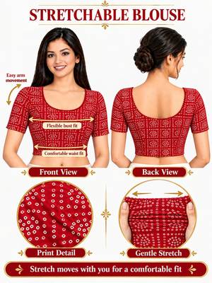 Red cotton spandex bandhani printed stretchable readymade saree blouse 5