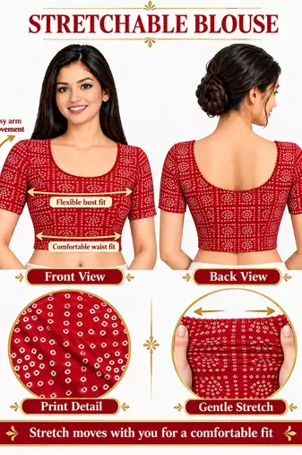 Red cotton spandex bandhani printed stretchable readymade saree blouse