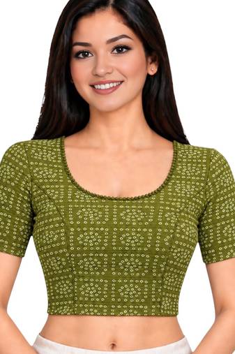 Pista green cotton spandex bandhani printed stretchable readymade saree blouse