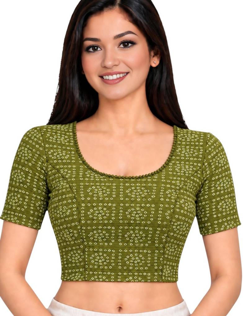 Pista green cotton spandex bandhani printed stretchable readymade saree blouse