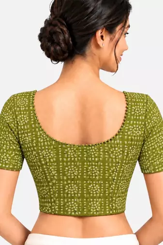 Pista green cotton spandex bandhani printed stretchable readymade saree blouse