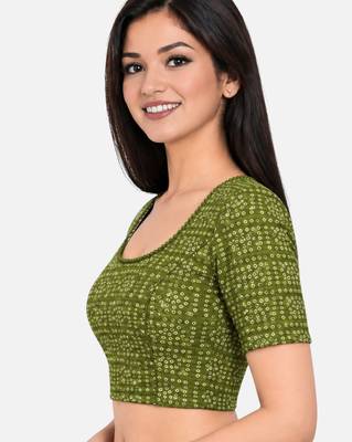 Pista green cotton spandex bandhani printed stretchable readymade saree blouse 3