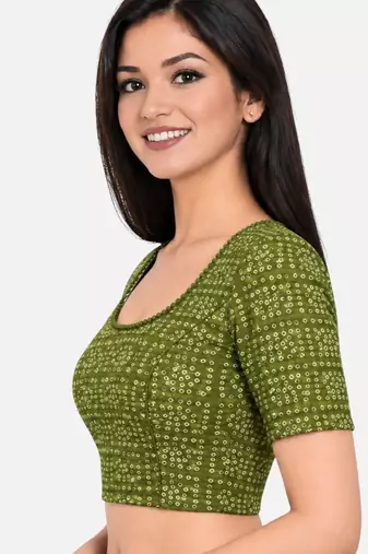 Pista green cotton spandex bandhani printed stretchable readymade saree blouse