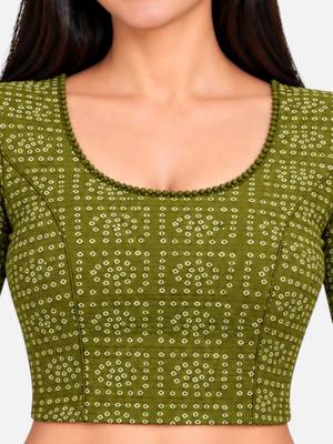 Pista green cotton spandex bandhani printed stretchable readymade saree blouse 4