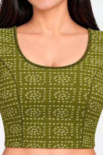 Pista green cotton spandex bandhani printed stretchable readymade saree blouse