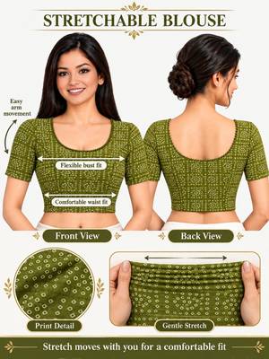 Pista green cotton spandex bandhani printed stretchable readymade saree blouse 5
