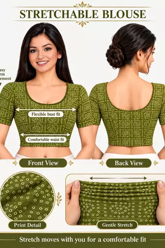 Pista green cotton spandex bandhani printed stretchable readymade saree blouse