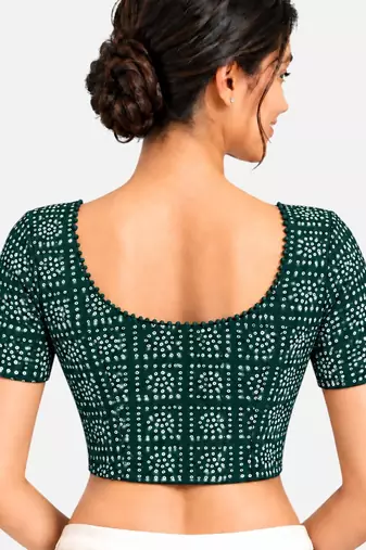 Green cotton spandex bandhani printed stretchable readymade saree blouse