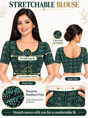 Green cotton spandex bandhani printed stretchable readymade saree blouse 5