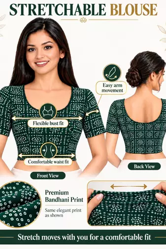 Green cotton spandex bandhani printed stretchable readymade saree blouse