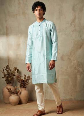 Sky blue silk embroidered kurta with cream pajama     elegant party wear look 1