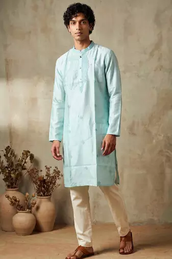 Sky blue silk embroidered kurta with cream pajama     elegant party wear look