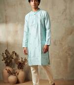 Sky blue silk embroidered kurta with cream pajama     elegant party wear look