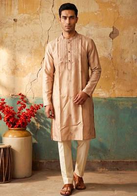 Peach silk embroidery and sequin work kurta with cream pajama     elegant party wear look 1