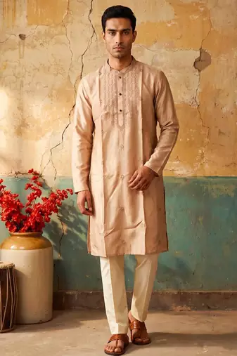 Peach silk embroidery and sequin work kurta with cream pajama     elegant party wear look