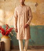 Peach silk embroidery and sequin work kurta with cream pajama     elegant party wear look