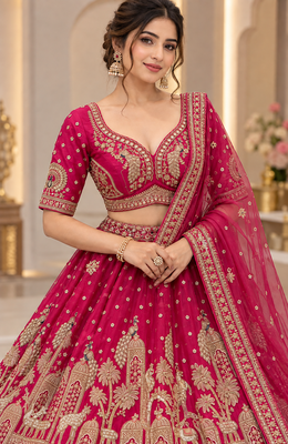 Rani Pink Color Crystal Beads,Multi Thread,Dori And Sequins Work Silk_Blend Lehnega Choli 1