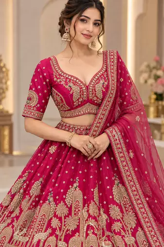 Rani Pink Color Crystal Beads,Multi Thread,Dori And Sequins Work Silk_Blend Lehnega Choli