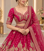 Rani Pink Color Crystal Beads,Multi Thread,Dori And Sequins Work Silk_Blend Lehnega Choli