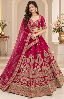 Rani Pink Color Crystal Beads,Multi Thread,Dori And Sequins Work Silk_Blend Lehnega Choli 2