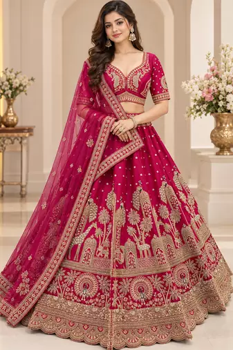 Rani Pink Color Crystal Beads,Multi Thread,Dori And Sequins Work Silk_Blend Lehnega Choli