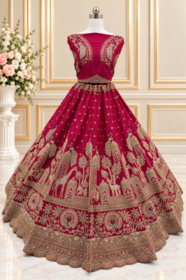 Rani Pink Color Crystal Beads,Multi Thread,Dori And Sequins Work Silk_Blend Lehnega Choli 3