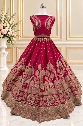 Rani Pink Color Crystal Beads,Multi Thread,Dori And Sequins Work Silk_Blend Lehnega Choli