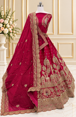 Rani Pink Color Crystal Beads,Multi Thread,Dori And Sequins Work Silk_Blend Lehnega Choli 4