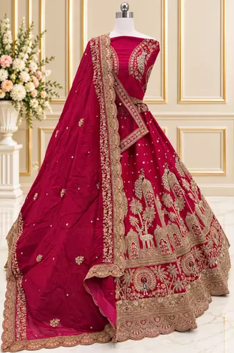 Rani Pink Color Crystal Beads,Multi Thread,Dori And Sequins Work Silk_Blend Lehnega Choli