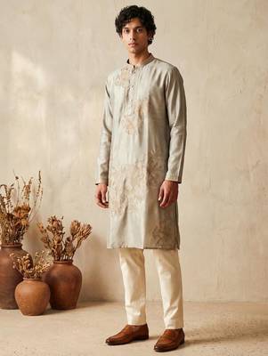 Grey silk embroidered kurta with cream pajama     elegant party wear look 1