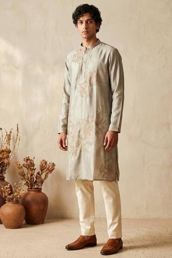 Grey silk embroidered kurta with cream pajama     elegant party wear look