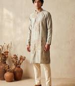 Grey silk embroidered kurta with cream pajama     elegant party wear look