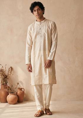 Cream silk embroidered kurta with cream pajama     elegant party wear look 1