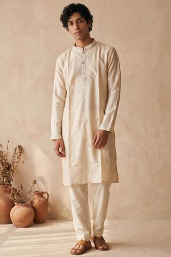 Cream silk embroidered kurta with cream pajama     elegant party wear look