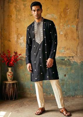 Black roman silk embroidered kurta with cream pajama     elegant party wear look 1