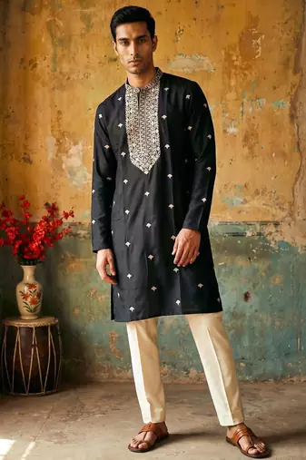 Black roman silk embroidered kurta with cream pajama     elegant party wear look