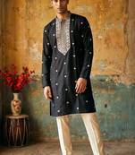 Black roman silk embroidered kurta with cream pajama     elegant party wear look