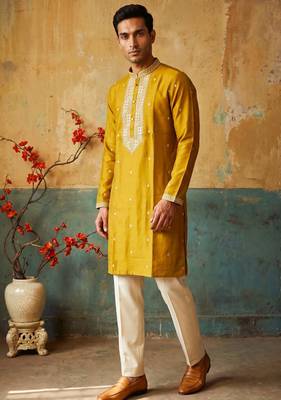 Yellow roman silk embroidered kurta with cream pajama     elegant party wear look 1