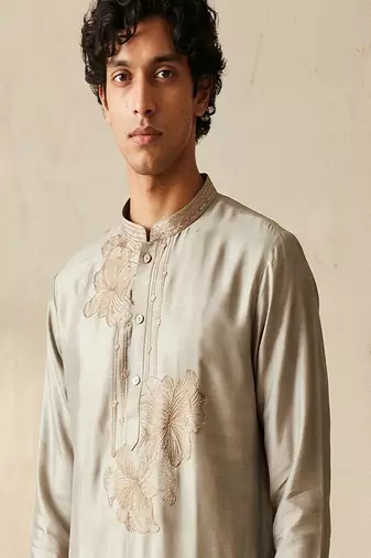 Grey silk embroidered kurta with cream pajama     elegant party wear look