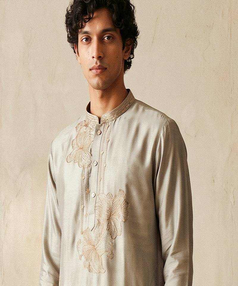Grey silk embroidered kurta with cream pajama     elegant party wear look