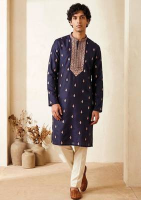Royal blue roman silk embroidered kurta with cream pajama     elegant party wear look 1