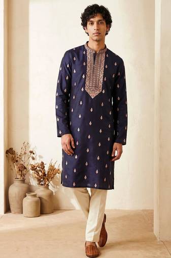 Royal blue roman silk embroidered kurta with cream pajama     elegant party wear look
