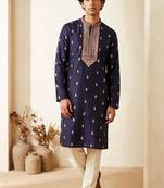 Royal blue roman silk embroidered kurta with cream pajama     elegant party wear look