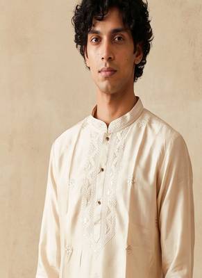 Cream silk embroidered kurta with cream pajama     elegant party wear look 2