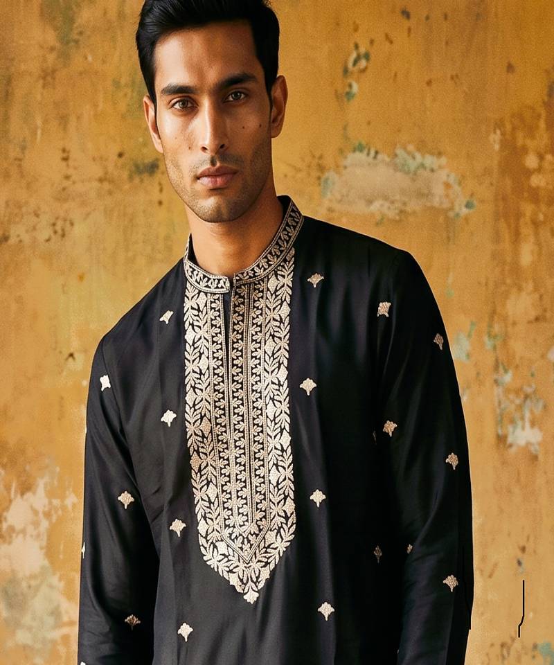 Black roman silk embroidered kurta with cream pajama     elegant party wear look