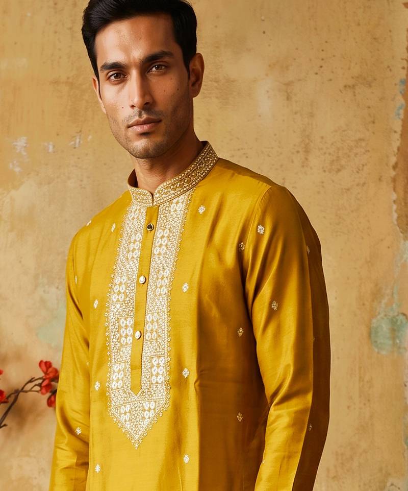 Yellow roman silk embroidered kurta with cream pajama     elegant party wear look