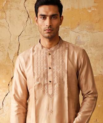 Peach silk embroidery and sequin work kurta with cream pajama     elegant party wear look 2